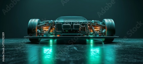 3D graphics rendering showing a fully developed prototype of an electric vehicle chassis, allowing you to see the layout of components and assemblies. Green neon lighting. Future is now.