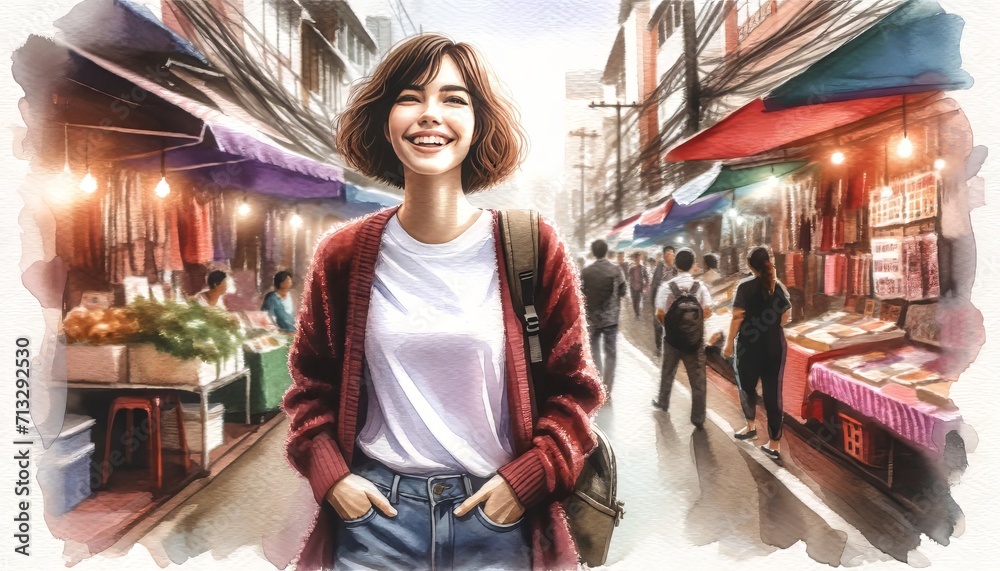 The image captures a young woman enjoying her time in a bustling street market.