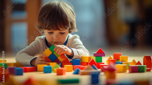 Wallpaper Mural Child playing with small colored cubes. selective focus. Generative AI, Torontodigital.ca