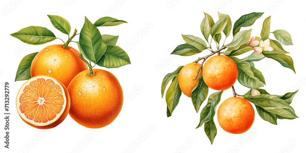 set of cliparts of oranges with leaves watercolor illustration png isolated on a transparent background, citrus clipart  - obrazy, fototapety, plakaty 