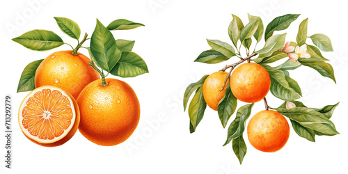 set of cliparts of oranges with leaves watercolor illustration png isolated on a transparent background, citrus clipart  photo