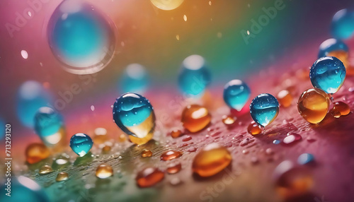 Water drops on a colorful background. Macro shot. Generative AI