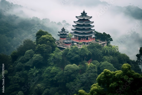 An ancient mystical temple nestled in a top of a misty mountain