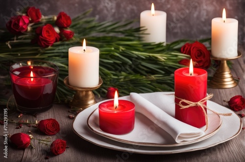 table setting for dating. saint valentine s day love concept with hearts and candles