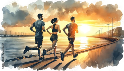 The image portrays three joggers running on a seaside path at sunset.