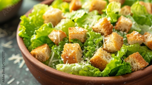 Close-up of ceramic bowl with delicious Caesar salad. Classic Italian salad with green Romano leaves, chicken fillet, Parmesan cheese, homemade croutons and dressing.