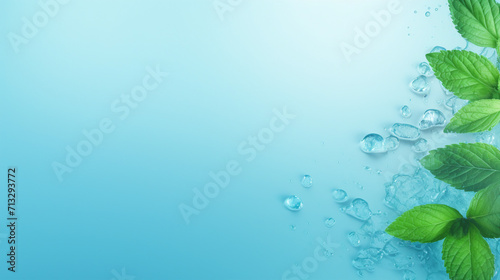 Top View of Refreshing Mint Leaves and Ice Cubes in Cool Water Drops on Pastel Blue - Summer Beverage Concept with Organic Botanicals and Vivid Abstract Nature