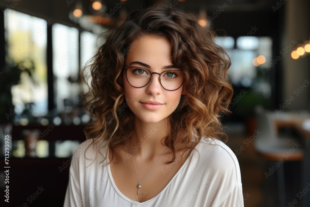 Young Woman with Curly Hair and Glasses
