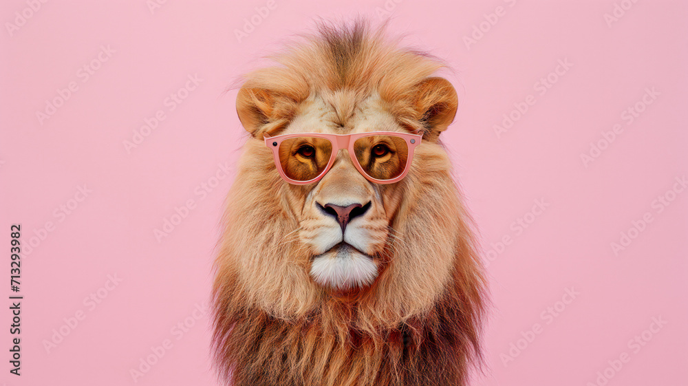 Fashion Lion Portrait. Lion's gaze on the bright background. Creative pet concept