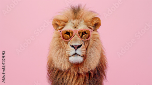 Fashion Lion Portrait. Lion s gaze on the bright background. Creative pet concept