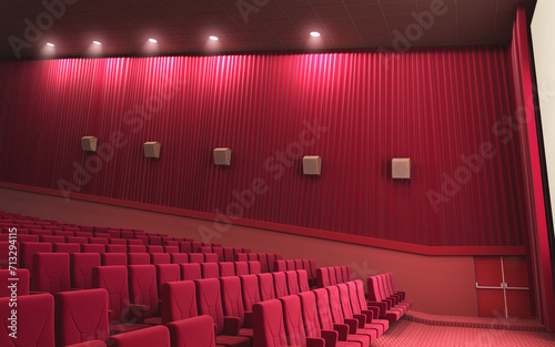 3d render cinema stage (sound system, spectacular lighting, upholstered in red fabric)