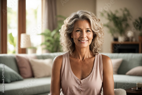 portrait of a woman smiling and looks at camera, in living room background, life stlye concept, image generated ai. photo