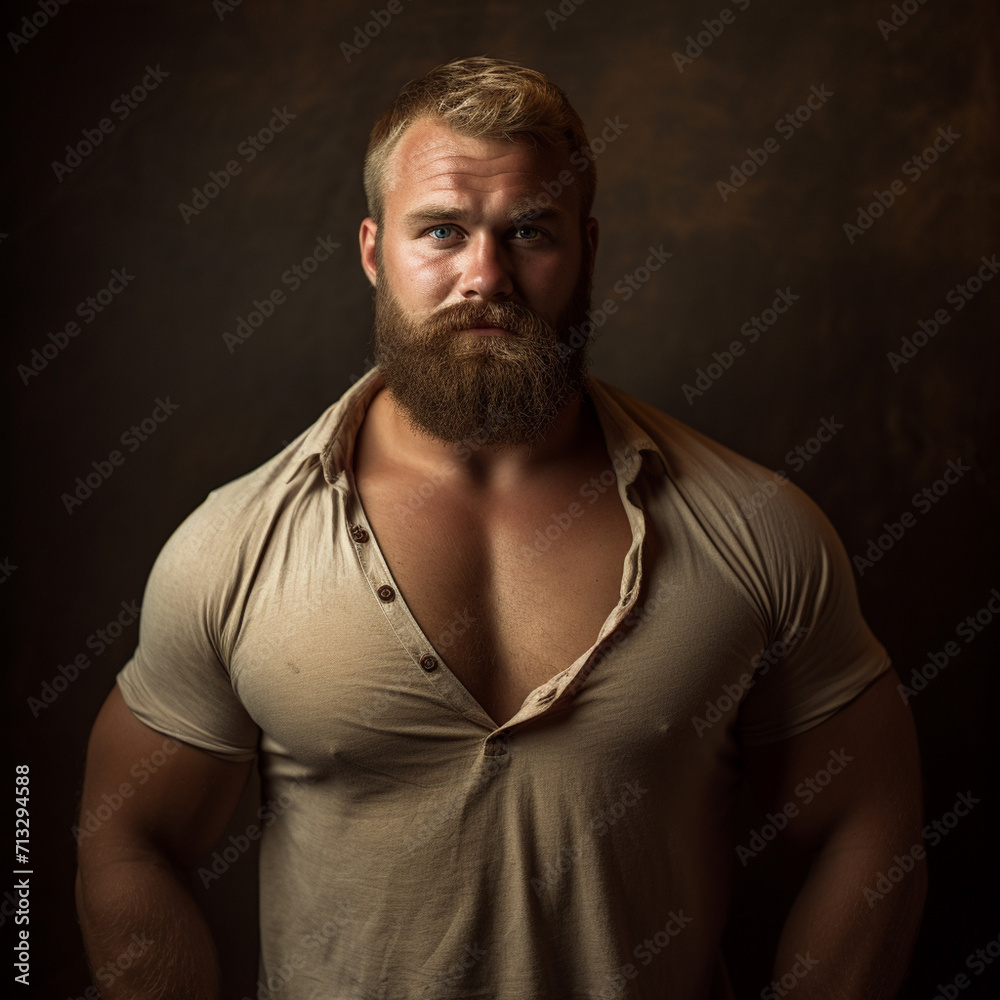 portrait of blond mature man, beefy rotund handsome male persona. style, elegant, crew cut, full beard, smile. gentle, loving, kind, tender guy. earth tones, dark background.