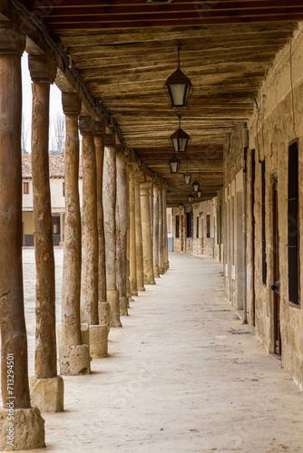 View of the arcades of the Town of Ampudia in Palencia. Spain