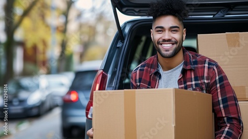 smiling young man loading boxes into the trunk of a car © Flowstudio