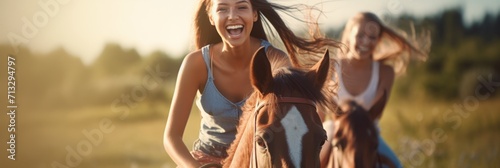 horseback riding in summer. Cute girl and horse close-up. people and animals.