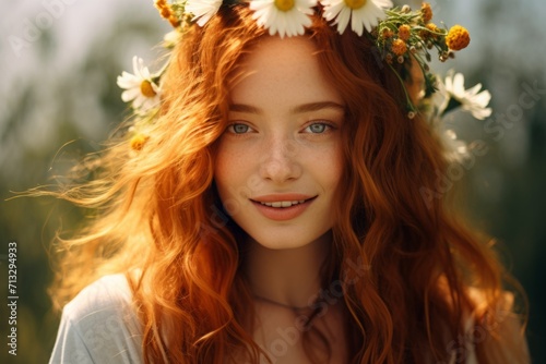 a wonderful red-haired girl with a wreath of daisies on her head, a beauty. portrait of a young woman on a summer walk.