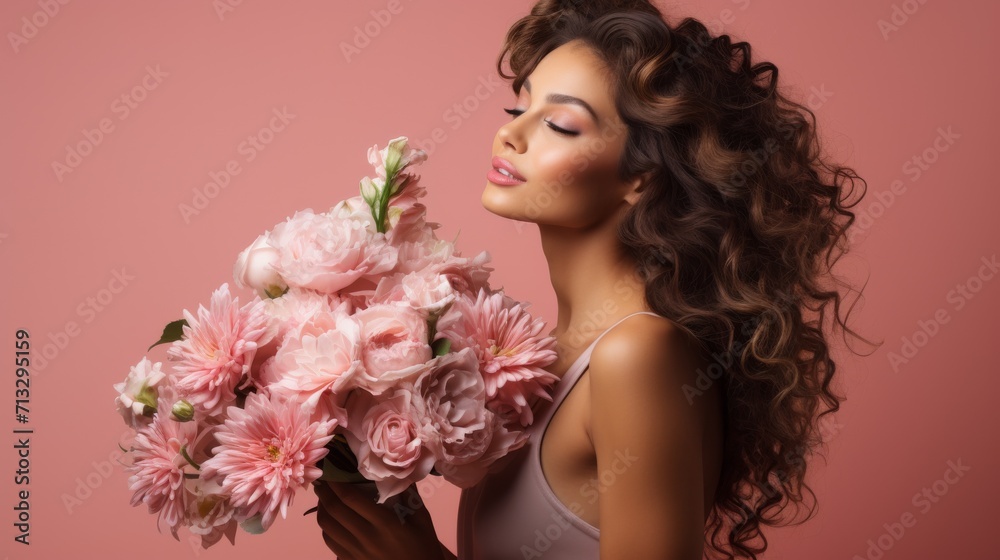 Woman Holding Bouquet of Pink Flowers