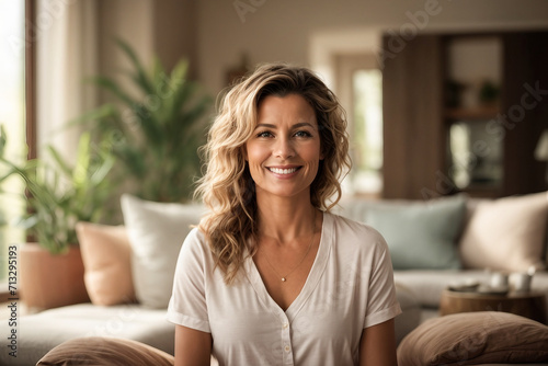 portrait of a woman smiling and looks at camera, in living room background, life stlye concept, image generated ai. photo