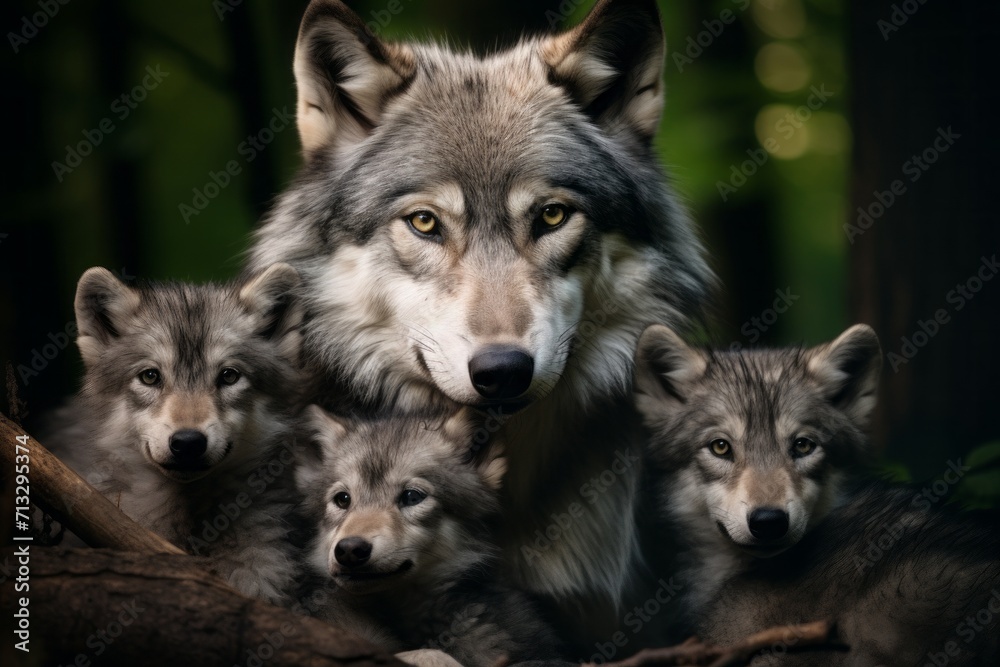 gray mother wolf with her cubs, litter cozy cuddles together in her burrow. wildlife, motherhood in animals. brood. gray mother wolf with her cubs, litter cozy cuddles together in her burrow. wildlife, motherhood in animals. brood.