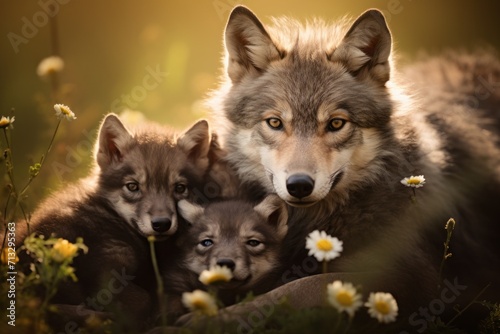grey mother wolf with her young ones, cozy cuddles together in her lair. animal family, motherhood in animals. © MaskaRad