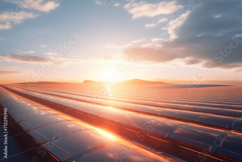 Large Solar Farm With Setting Sun