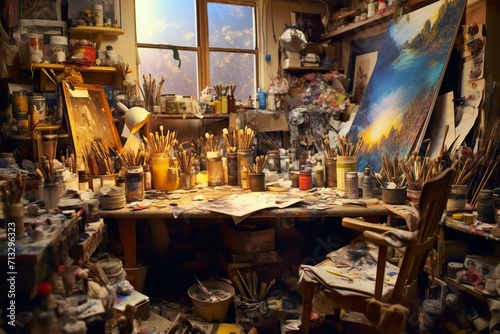 An artists studio cluttered with paints brushes