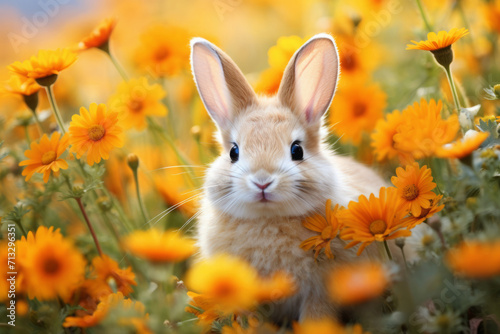 bunny among wildflowers, funny big-eared rabbit in the field.