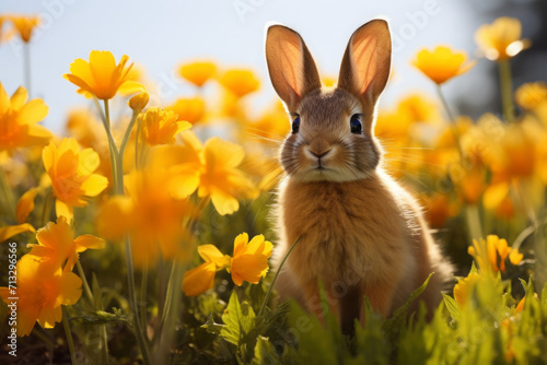 bunny among wildflowers, funny big-eared rabbit in the field.