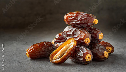 A stack of glossy dates against a dark backdrop, under soft lighting. Ideal for Ramadan and Iftar promotions or health food advertising.