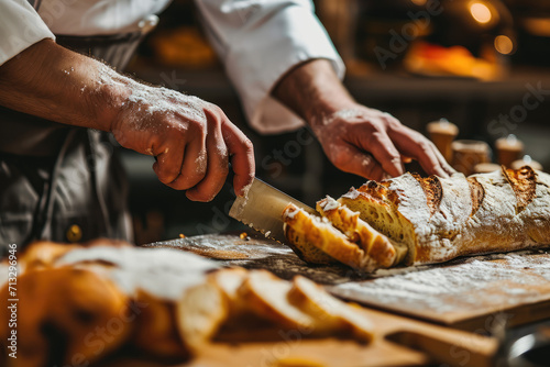 Close-up Chef Using Knife to Skillfully Cut Fresh Bread for Culinary Excellence.