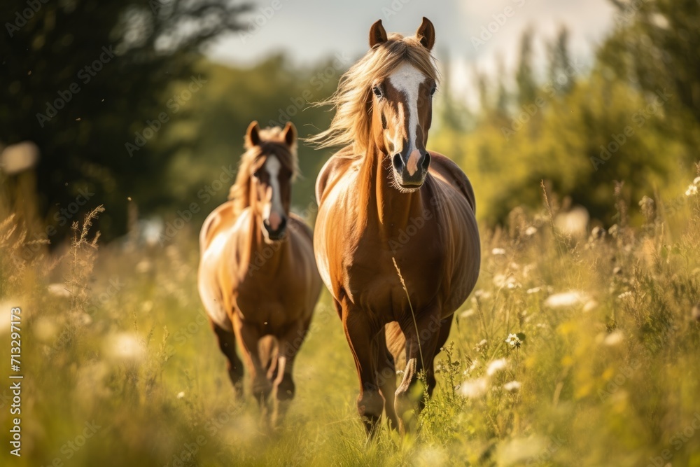 horses graze in the field in summer. livestock, agriculture. beautiful well-groomed animals on a walk. horses graze in the field in summer. livestock, agriculture. beautiful well-groomed animals on a walk.