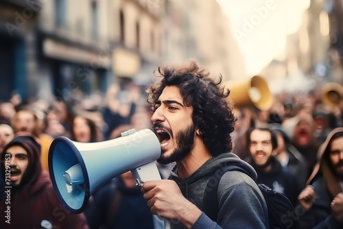 arabian moeslim Male activist protesting on megaphone during a strike with a group of demonstrators in the background photo