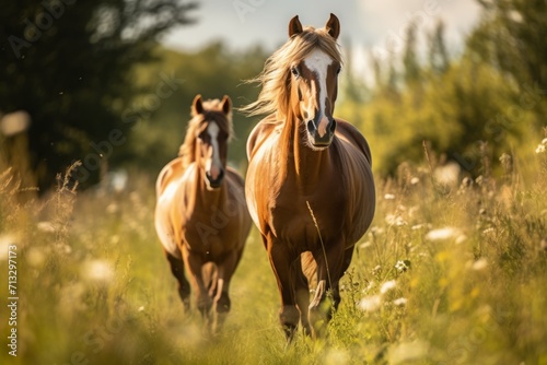horses graze in the field in summer. livestock, agriculture. beautiful well-groomed animals on a walk. © MaskaRad