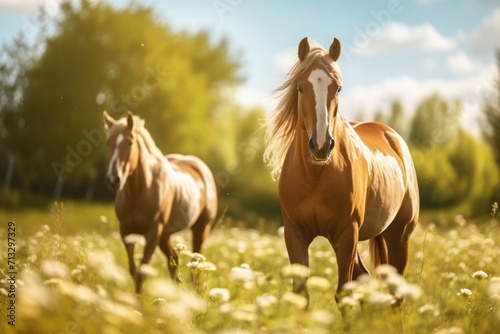 horses graze in the field in summer. livestock, agriculture. beautiful well-groomed animals on a walk. © MaskaRad