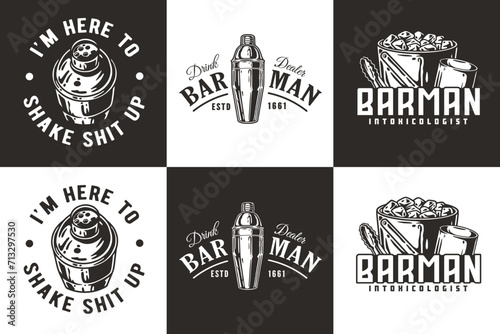 Bartender logos vector set for bartending shop. Barman chromed metal tools or instruments for cocktail bar or store