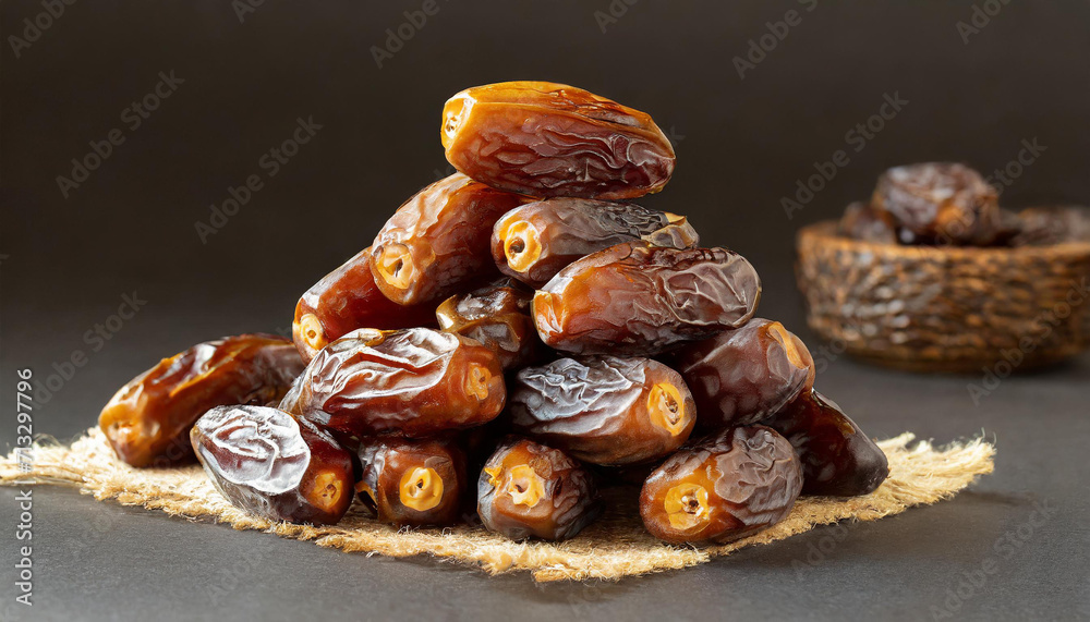 A pile of glossy and juicy dates on a woven mat, under soft lighting. Perfect for Ramadan Iftar meals, Iftar promotions or health food advertising. A pile of glossy and juicy dates on a woven mat, under soft lighting. Perfect for Ramadan Iftar meals, Iftar promotions or health food advertising.