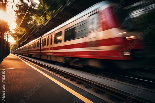 At dusk, a fast train is moving through the train station. On a train station, a contemporary passenger train moves quickly. Train with a motion blur feature. 