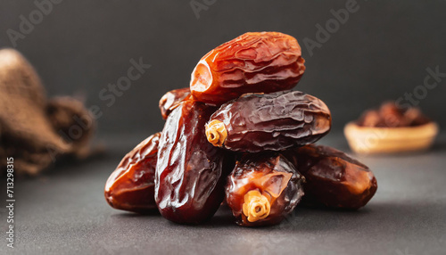 A stack of glossy dates against a dark backdrop, under soft lighting. Ideal for Ramadan and Iftar promotions or health food advertising.