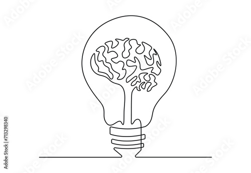 One continuous line drawing of human brain in the electric light bulb. Medical logo identity. Isolated on white background vector. Pro vector