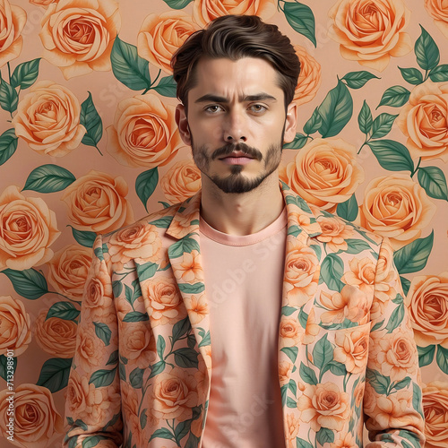 Handsome man wearing peach fuzz color flowers pattern jacket. Color of the year 2024. Generative ai