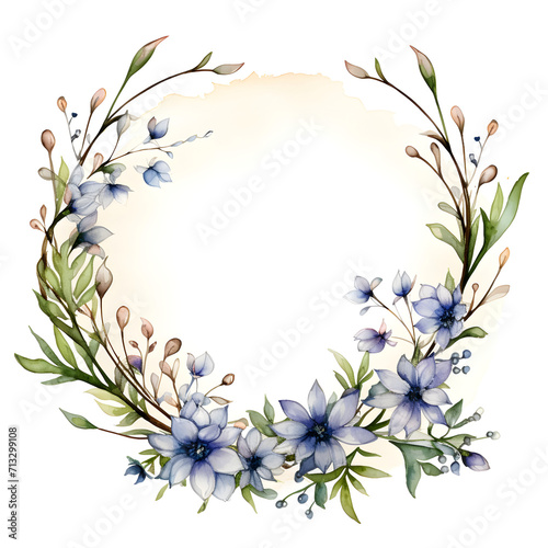  Beautiful wreath. Elegant floral collection with isolated blue,pink leaves and flowers, hand drawn watercolor. Design for invitation, wedding or greeting cards © Rina Design