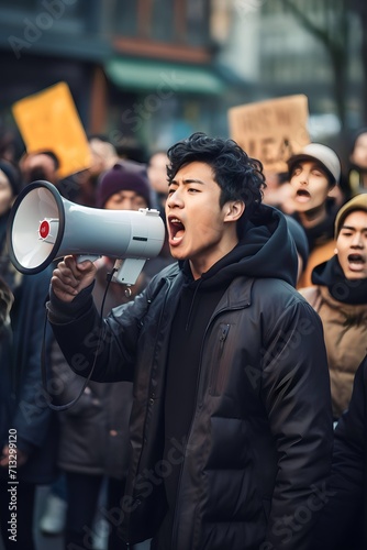 asian Male activist protesting on megaphone during a strike with a group of demonstrators in the background