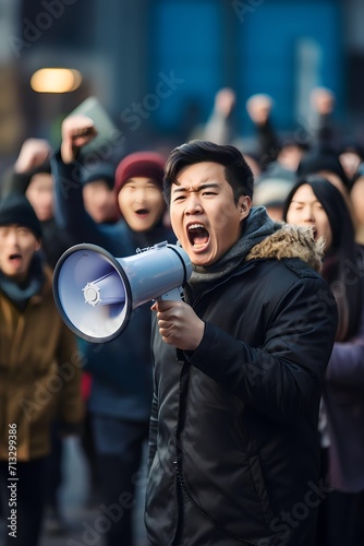 asian Male activist protesting on megaphone during a strike with a group of demonstrators in the background