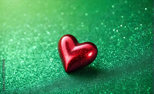 A small red heart on a sparkling soft green background. Generative AI