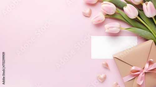 Women Day  Mother day background with envelope  gift box and beautiful spring tulip flowers on pastel pink desk. Flat lay.