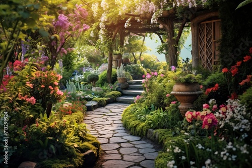 An image of an enchanted garden with blooming flowers