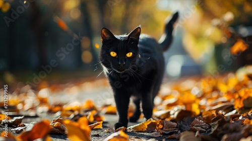 A black cat with yellow eyes walking through orange autumn leaves. Created with Generative Ai technology. #713299965
