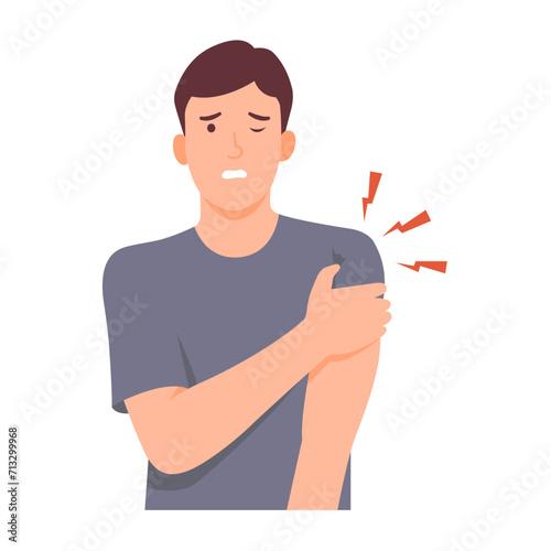Man holding hands on shoulder feeling distressed with shoulder pain isolated on white background.