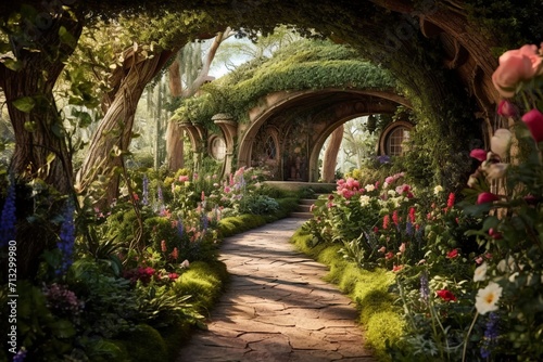 An image of an enchanted garden with blooming flowers